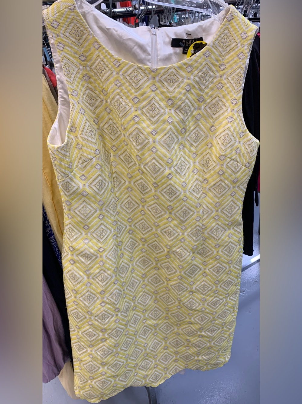 Alex Marie Yellow and White Diamond-Patterned Shift Dress